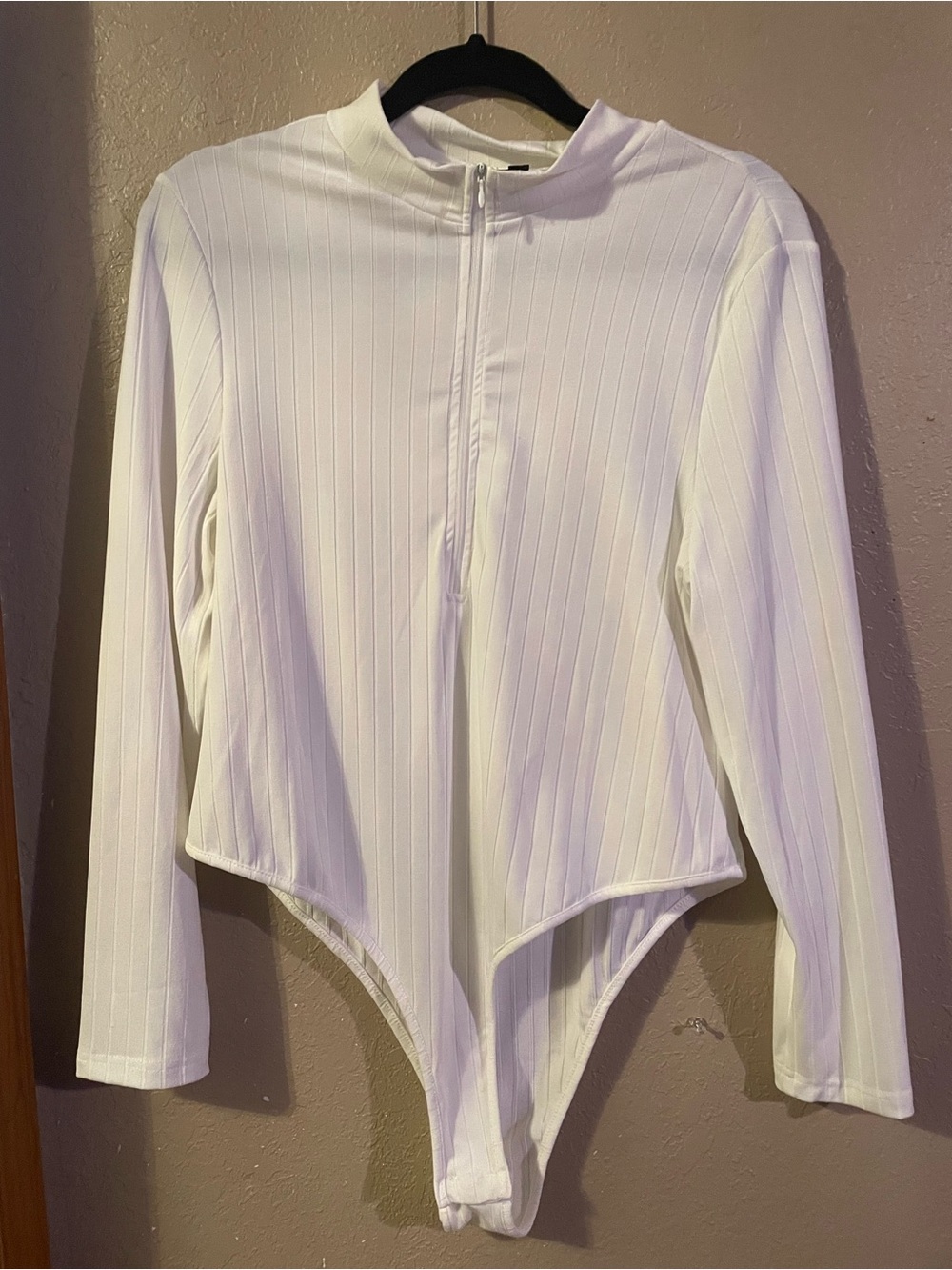 SHEIN White Ribbed Long-Sleeve Zipper One-Piece Bodysuit